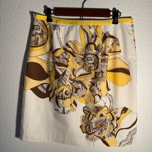 LOFT Pencil Skirt Vintage-Look White, Yellow, Brown Retro Floral Print
